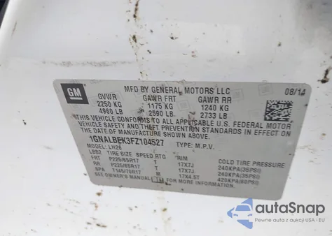 2015 Chevrolet Equinox 1Lt из США, поврежденный, VIN 1GNALBEK3FZ104527